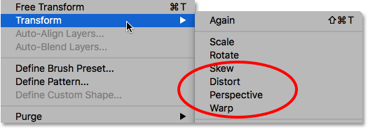 Both Distort and Perspective are now available after converting the Type layer to a Smart Object.