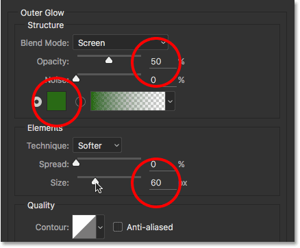 The Outer Glow options in the Layer Style dialog box.