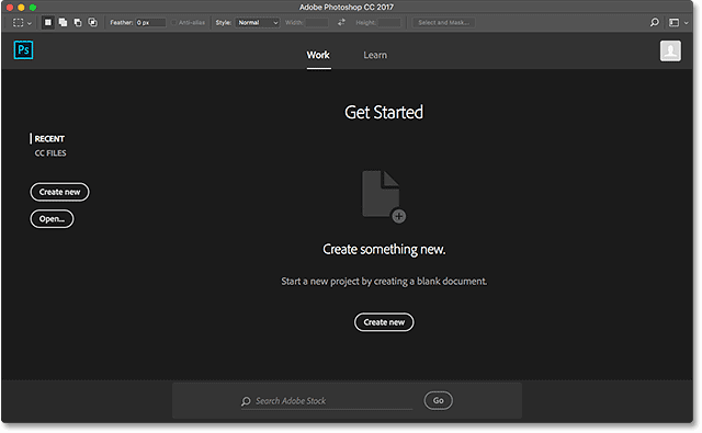 The default Start screen in Photoshop CC.