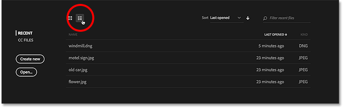 Clicking the List View icon in the Start screen in Photoshop.