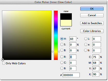 Memilih hitam dari Color Picker di Photoshop. Image © 2012 Photoshop Essentials.com