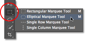 Memilih Elliptical Marquee Tool dari panel Tools. Image © 2012 Photoshop Essentials.com