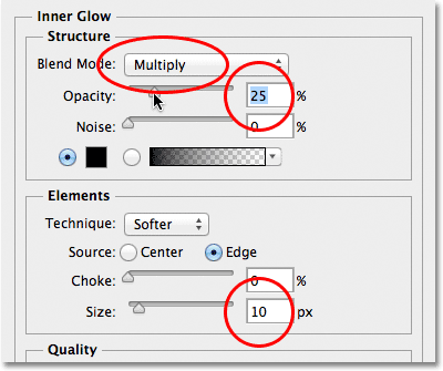 Pilihan Inner Glow di kotak dialog Layer Style. Image © 2012 Photoshop Essentials.com