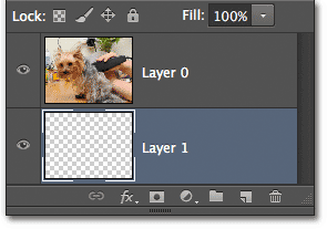 Layer 1 muncul di bawah layer 0 dalam panel Layers. Image © 2012 Photoshop Essentials.com