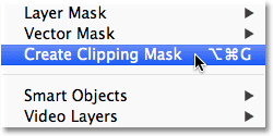 Memilih Buat Kliping Masker perintah dari menu Layer. Image © 2012 Photoshop Essentials.com