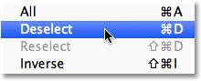 Choosing the Deselect command from the Select menu in Photoshop. Image © 2012 Photoshop Essentials.com