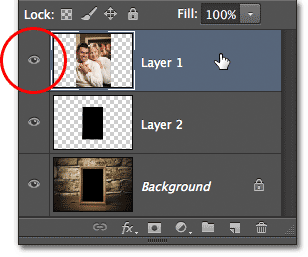 Memilih dan menyalakan Layer 1 di panel Layers. Image © 2012 Photoshop Essentials.com