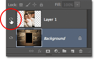 Mengklik ikon visibilitas untuk Layer 1 di panel Layers. Image © 2012 Photoshop Essentials.com