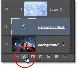 Mengklik ikon Layer Styles di Layers panel di Photoshop. Image © 2012 Photoshop Essentials.com