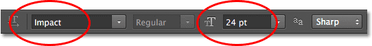 The font options in the Options Bar in Photoshop. Image © 2012 Photoshop Essentials.com