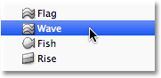 Memilih opsi warp Gelombang di Photoshop. Image � 2012 Photoshop Essentials.com