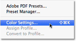 Selecting Color Settings from the Edit menu in Photoshop. Image © 2010 Photoshop Essentials.com.