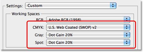 The CMYK, Gray and Spot working space in the Color Settings dialog box in Photoshop. Image © 2010 Photoshop Essentials.com.