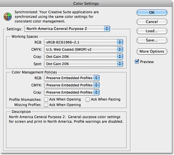 Photoshop Color Settings dialog box. Image © 2010 Photoshop Essentials.com.