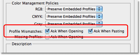 The Profile Mismatches options in the Color Management Policies section. Image © 2010 Photoshop Essentials.com.