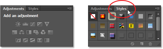 Beralih antara Penyesuaian dan Styles panel di Photoshop CS6. Gambar © 2013 Steve Patterson, Photoshop Essentials.com