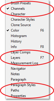 The Channels panel now has a checkmark beside it under the Window menu. Image © 2013 Steve Patterson, Photoshop Essentials.com