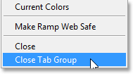 Selecting the Close Tab Group command in Photoshop CS6. Image © 2013 Steve Patterson, Photoshop Essentials.com