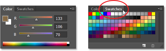 Beralih antara Warna dan Swatches panel di Photoshop CS6. Gambar © 2013 Steve Patterson, Photoshop Essentials.com