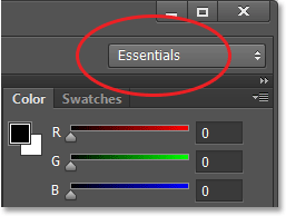 The Workspace selection box in Photoshop CS6 set to Essentials. Image © 2013 Steve Patterson, Photoshop Essentials.com