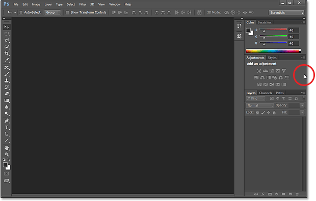 Melayang kursor mouse di paling kanan dari layar untuk membuat panel kembali muncul. Gambar © 2013 Steve Patterson, Photoshop Essentials.com