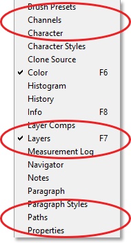 Tanda centang akan muncul di sebelah panel Layers di bawah menu Window. Gambar © 2013 Steve Patterson, Photoshop Essentials.com