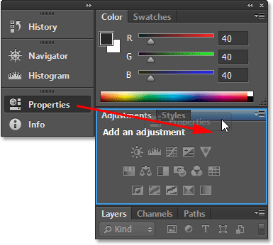 Menyeret panel Properties ke dalam kelompok Penyesuaian panel. Gambar © 2013 Steve Patterson, Photoshop Essentials.com