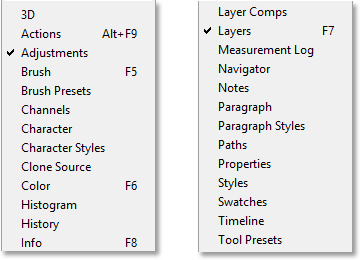 The complete list of panels under the Window menu in Photoshop CS6. Image © 2013 Steve Patterson, Photoshop Essentials.com