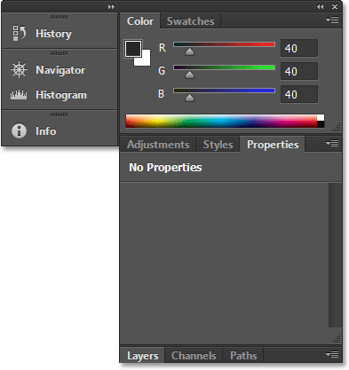 Properties panel telah dipindahkan ke kelompok Penyesuaian panel. Gambar © 2013 Steve Patterson, Photoshop Essentials.com