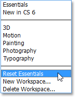 Memilih ulang perintah Essentials di Photoshop CS6. Gambar © 2013 Steve Patterson, Photoshop Essentials.com