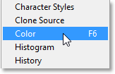 Selecting the Color panel from the Window menu. Image © 2013 Steve Patterson, Photoshop Essentials.com