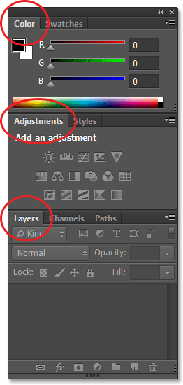 Warna, Penyesuaian dan panel Layers di Photoshop CS6 terbuka. Gambar © 2013 Steve Patterson, Photoshop Essentials.com