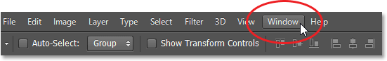 Selecting the Window menu in Photoshop CS6. Image © 2013 Steve Patterson, Photoshop Essentials.com