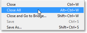 Selecting the Close All command in Photoshop CS6. Image © 2013 Photoshop Essentials.com