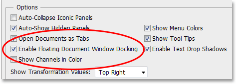 Aktifkan Mengambang Dokumen Jendela pilihan Docking di Preferensi Photoshop. Image © 2013 Photoshop Essentials.com
