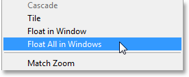 Selecting the Float All in Windows command in Photoshop CS6. Image © 2013 Photoshop Essentials.com