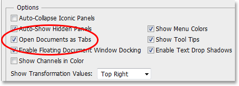 Dokumen Terbuka sebagai pilihan Tab di Preferensi Photoshop. Image © 2013 Photoshop Essentials.com