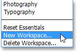 Memilih opsi Workspace Baru. Gambar © 2013 Steve Patterson, Photoshop Essentials.com