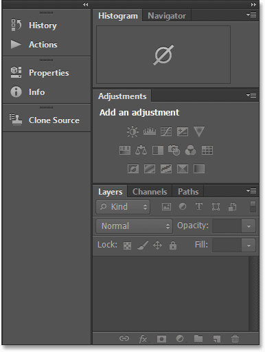 The panels included in the Photography workspace in Photoshop CS6. Image © 2013 Steve Patterson, Photoshop Essentials.com