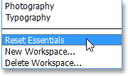 Choosing the Reset Essentials command. Image © 2013 Steve Patterson, Photoshop Essentials.com