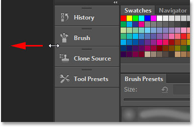 Mengubah ukuran kolom panel sekunder di Photoshop CS6. Gambar © 2013 Steve Patterson, Photoshop Essentials.com