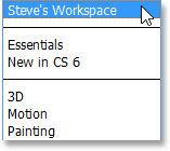 Ruang kerja kustom sekarang termasuk dalam menu pemilihan kerja. Gambar © 2013 Steve Patterson, Photoshop Essentials.com