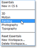 Choosing the Painting workspace in Photoshop CS6. Image © 2013 Steve Patterson, Photoshop Essentials.com