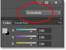 The workspace selection box in Photoshop CS6. Image © 2013 Steve Patterson, Photoshop Essentials.com