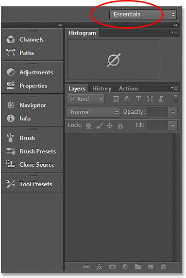 The Essentials workspace no longer shows the default panel layout. Image © 2013 Steve Patterson, Photoshop Essentials.com