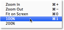 Selecting the 100% option from under the View menu. Image © 2014 Steve Patterson, Photoshop Essentials.com