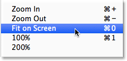 The Fit on Screen option under the View menu. Image © 2014 Steve Patterson, Photoshop Essentials.com