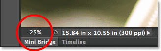 The same zoom level information is found in the lower left corner of Photoshop. Image © 2014 Steve Patterson, Photoshop Essentials.com