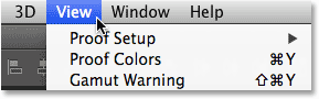 Opening the View menu in the Menu Bar in Photoshop. Image © 2014 Steve Patterson, Photoshop Essentials.com