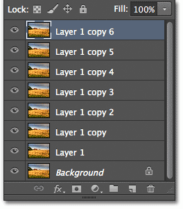 Panel Layers di Photoshop CS6 menampilkan tujuh salinan gambar di atas layer Background. Image © 2012 Steve Patterson, Photoshop Essentials.com